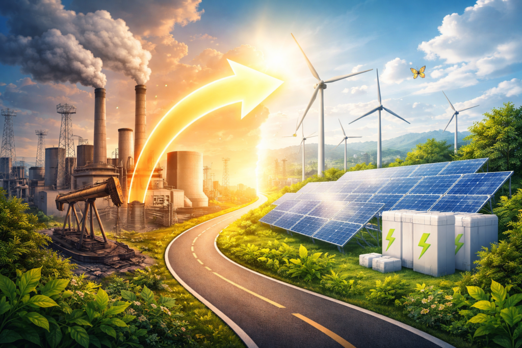 Ilustração da transição energética mostrando usina fóssil com emissões sendo substituída por energia solar, eólica e sistemas de armazenamento, simbolizando redução de custos operacionais e eficiência energética empresarial.