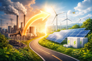 Ilustração da transição energética mostrando usina fóssil com emissões sendo substituída por energia solar, eólica e sistemas de armazenamento, simbolizando redução de custos operacionais e eficiência energética empresarial.