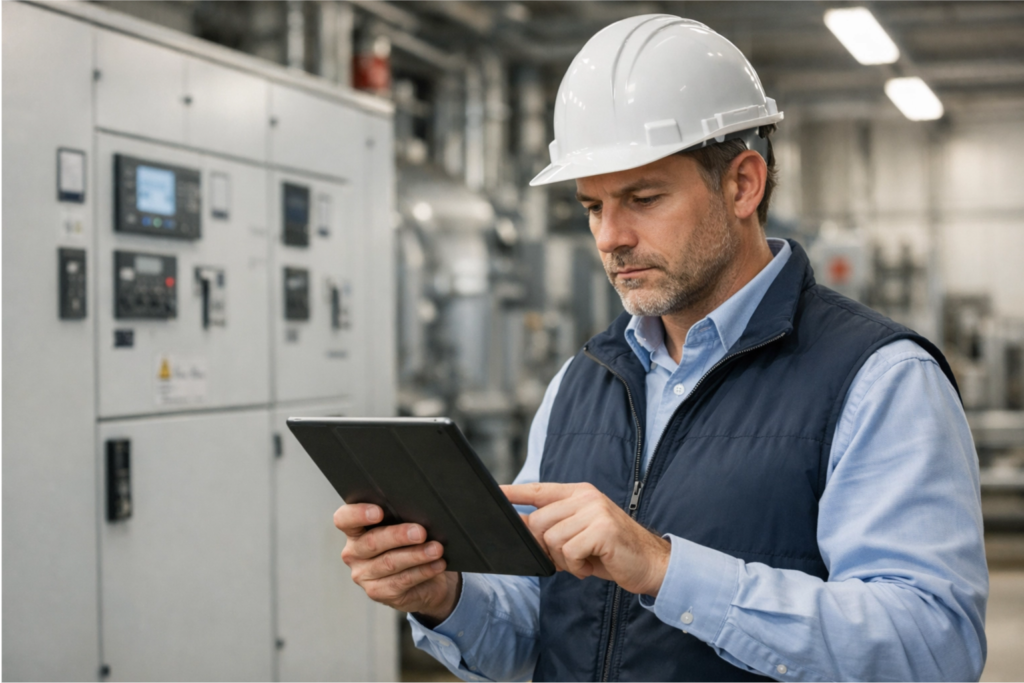 Engenheiro analisando dados de gestão de eficiência energética industrial em um tablet